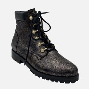 Jack Rogers Lace Up Pearl‎ Detail Peyton Boots in Gunmetal Crackled Size 9